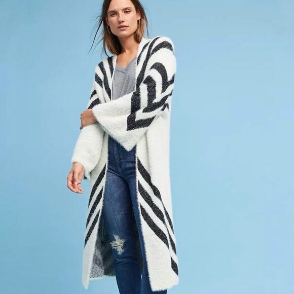 Sleeping on Snow Mod Chevron Kimono Sweater Cream Black Boho Open Front Size OS - Picture 1 of 10